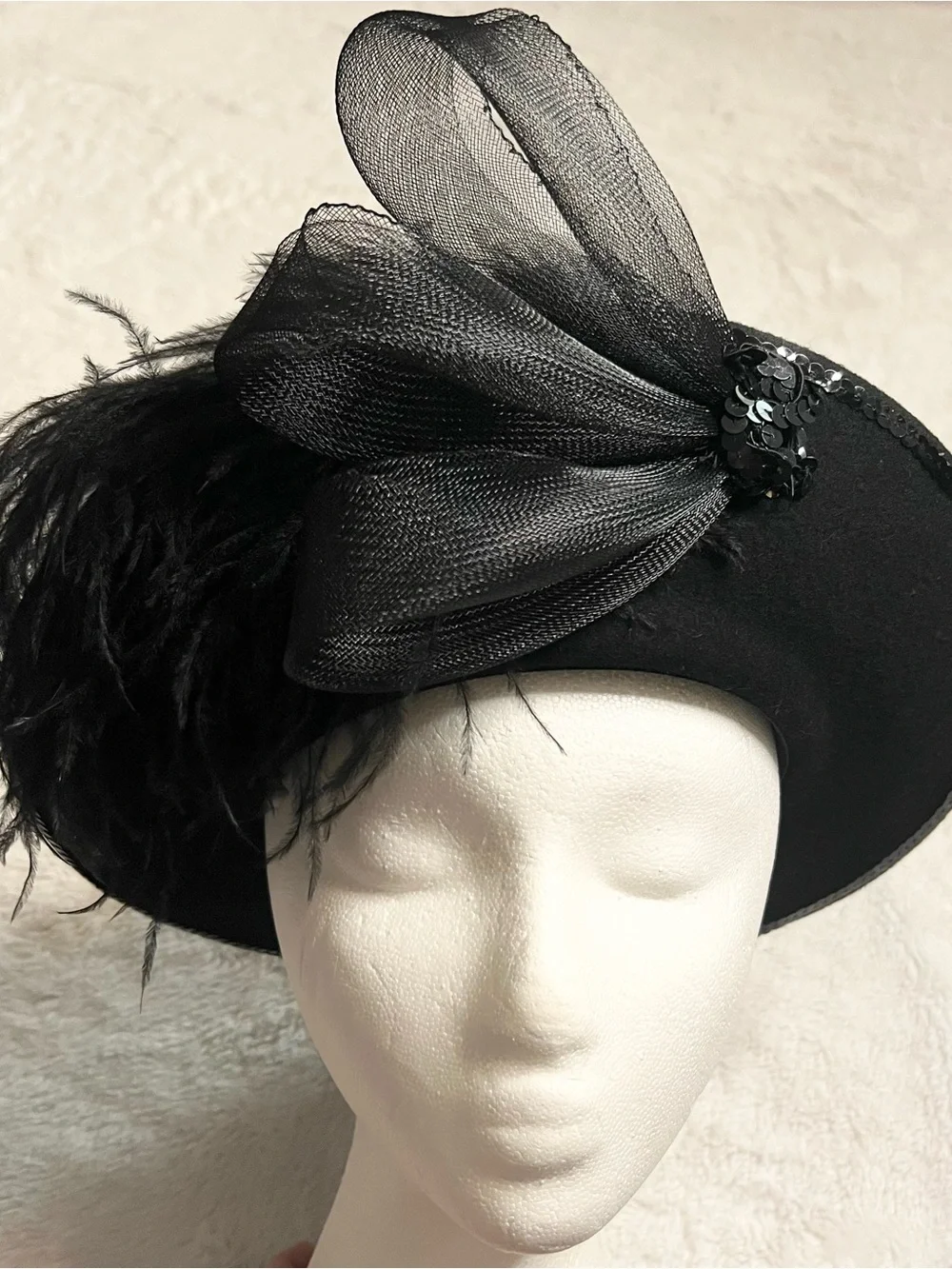 Vintage Black Wool Feathered Organza Fascinator Hat Derby Church Wedding Funeral